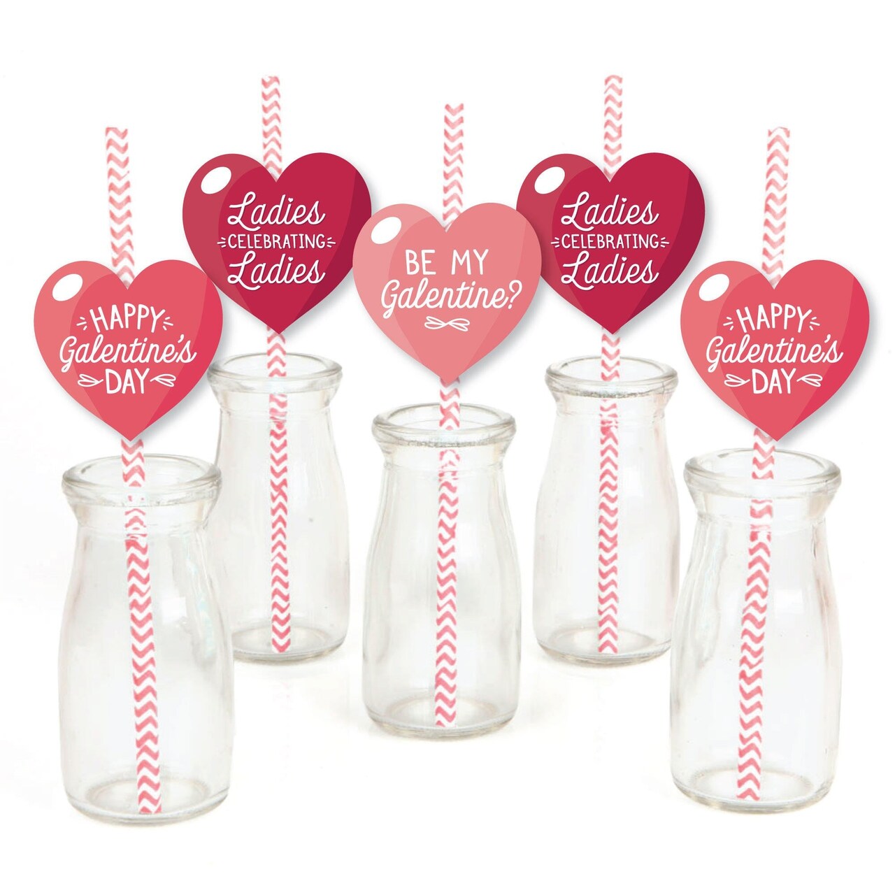 Big Dot of Happiness Happy Galentine's Day - Paper Straw Decor - Valentine's Day Party Striped Decorative Straws - Set of 24